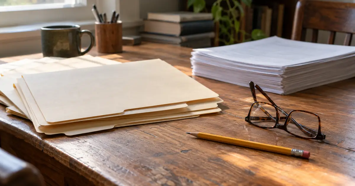 AI-generated illustration: file folders and papers on a desk