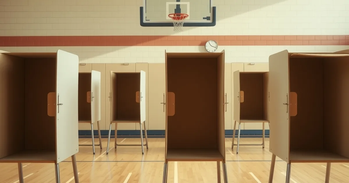AI-generated illustration: empty voting booths in a gymnasium polling place