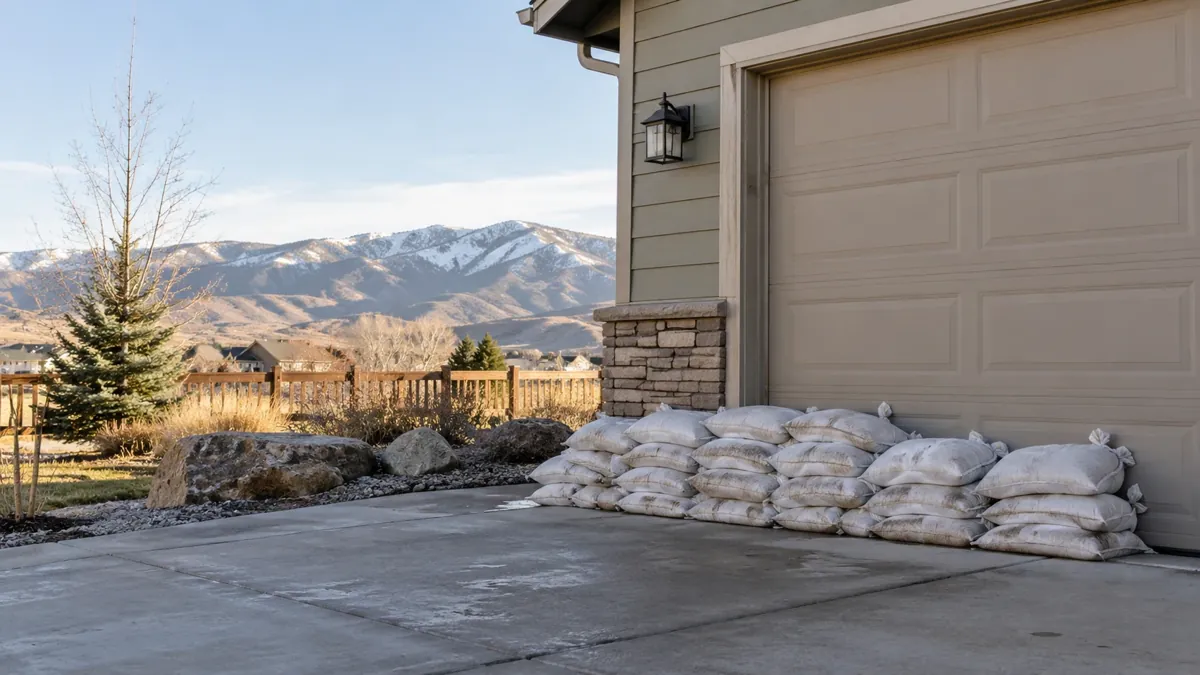 AI illustration, not a photograph: sandbags stacked beside a garage door.