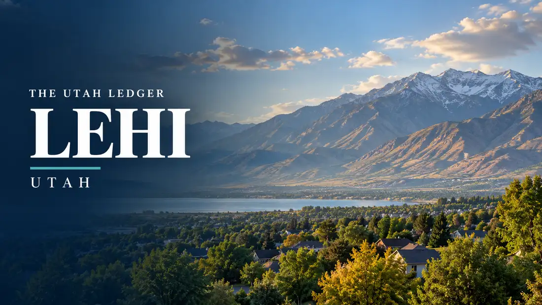 AI-generated illustration: a regional landscape with the name Lehi, Utah, and The Utah Ledger in type