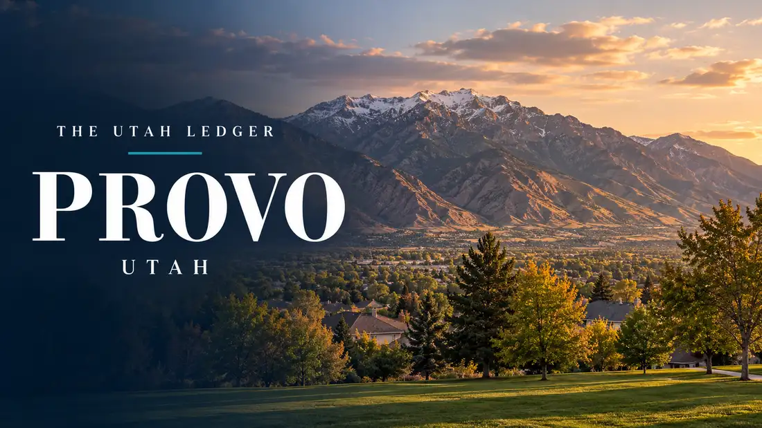 AI-generated illustration: a regional landscape with the name Provo, Utah, and The Utah Ledger in type