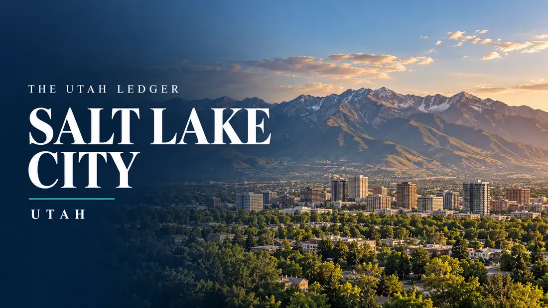 AI-generated illustration: a regional landscape with the name Salt Lake City, Utah, and The Utah Ledger in type