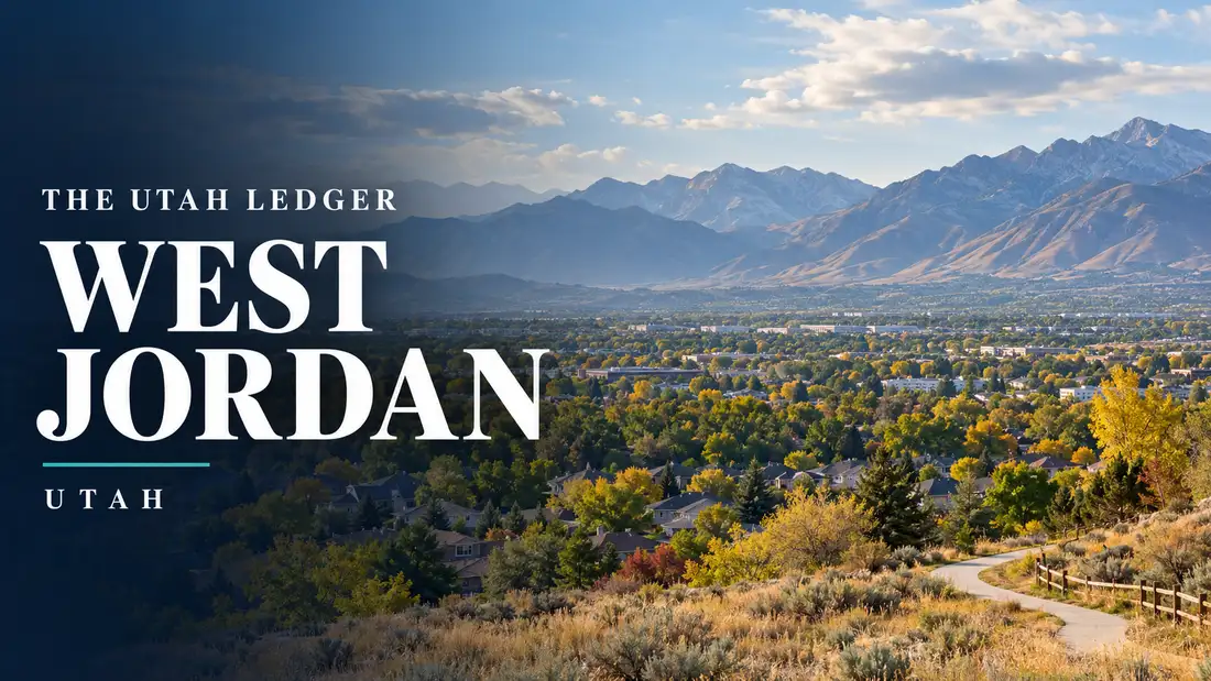 AI-generated illustration: a regional landscape with the name West Jordan, Utah, and The Utah Ledger in type