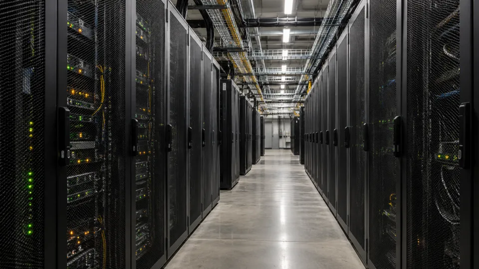 Rows of server racks in a data center aisle
