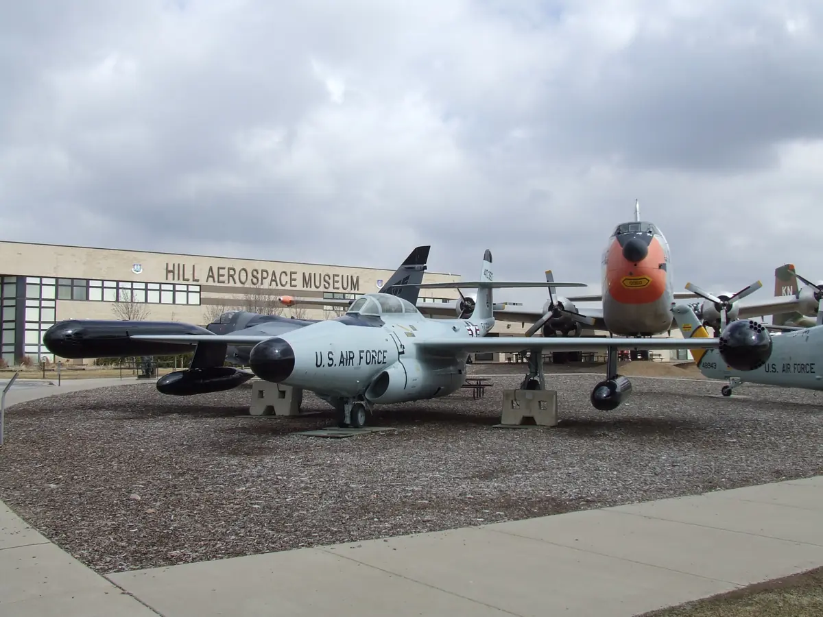 Aircraft displayed outside the Hill Aerospace Museum building