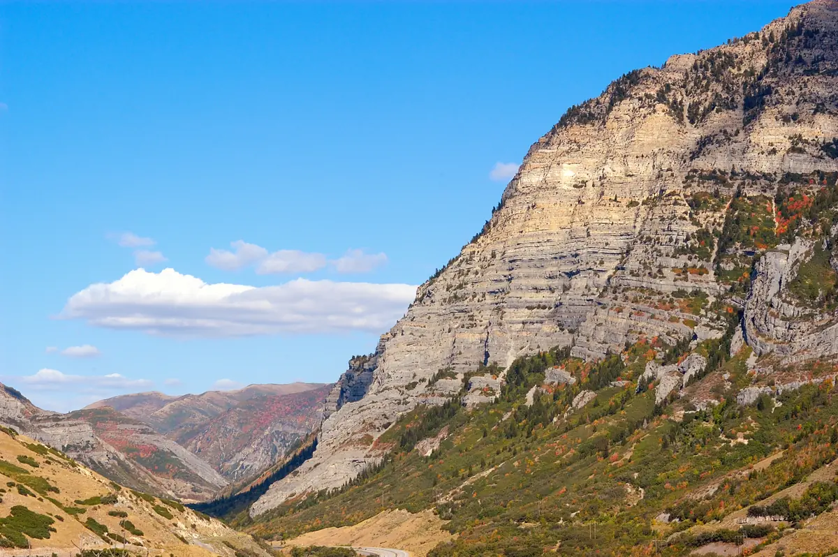 Rock cliffs and autumn foliage in Provo Canyon