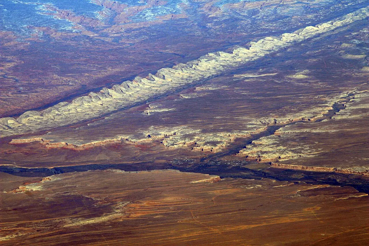 Aerial view of Bluff, Utah, with the San Juan River and Comb Ridge