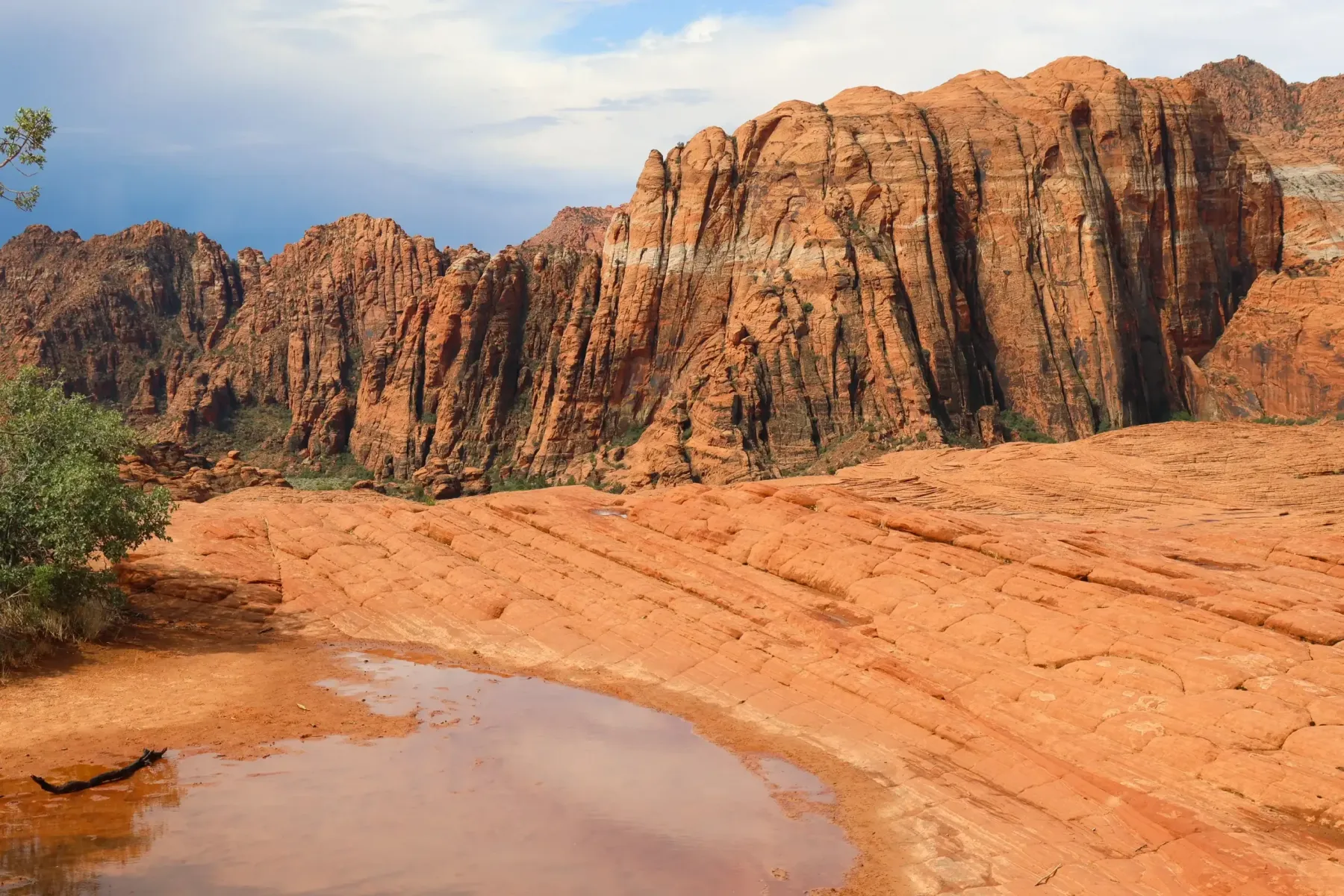 Red cliffs above sloping sandstone and a shallow pool at Snow Canyon