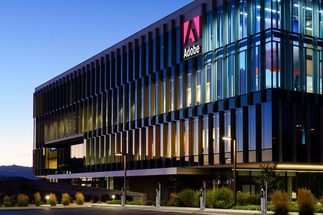 Adobe's campus in Lehi, part of Utah's Silicon Slopes tech corridor, at dusk in September 2023