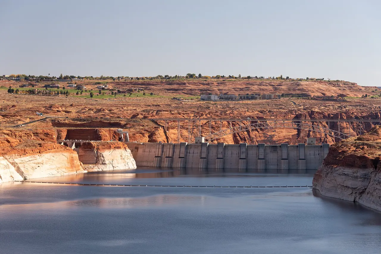 Glen Canyon Dam on the Colorado River, seen from the Lake Powell side, October 2019