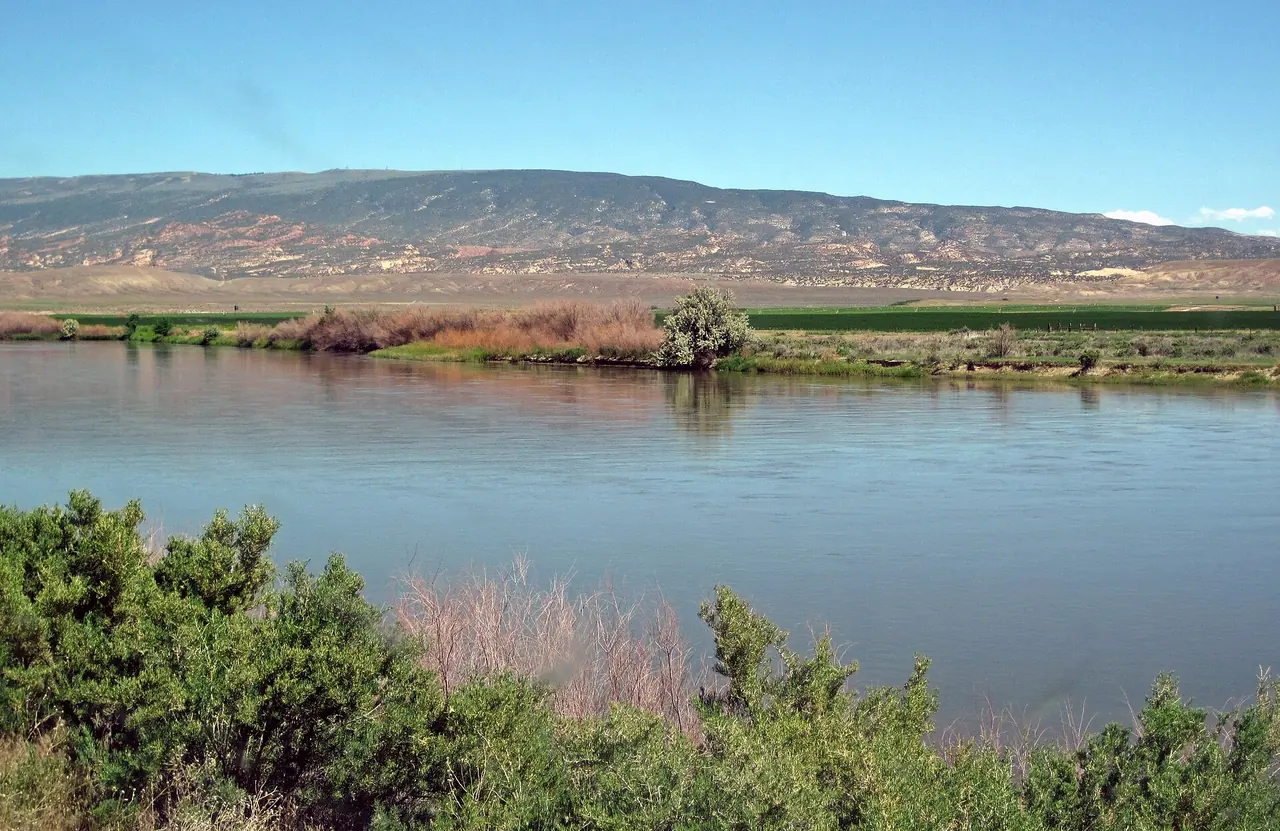 The Green River winding past tilted rock cliffs in Dinosaur National Monument