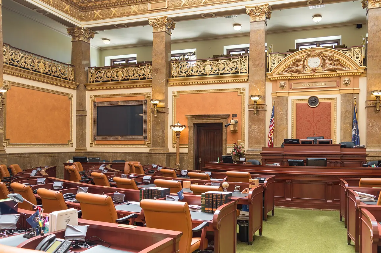 The Utah House of Representatives chamber in the State Capitol, seen from the entrance
