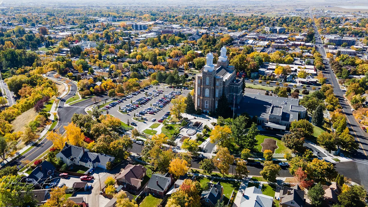 The Gothic-style Logan Utah Temple, completed in 1884, standing on its hill above Logan