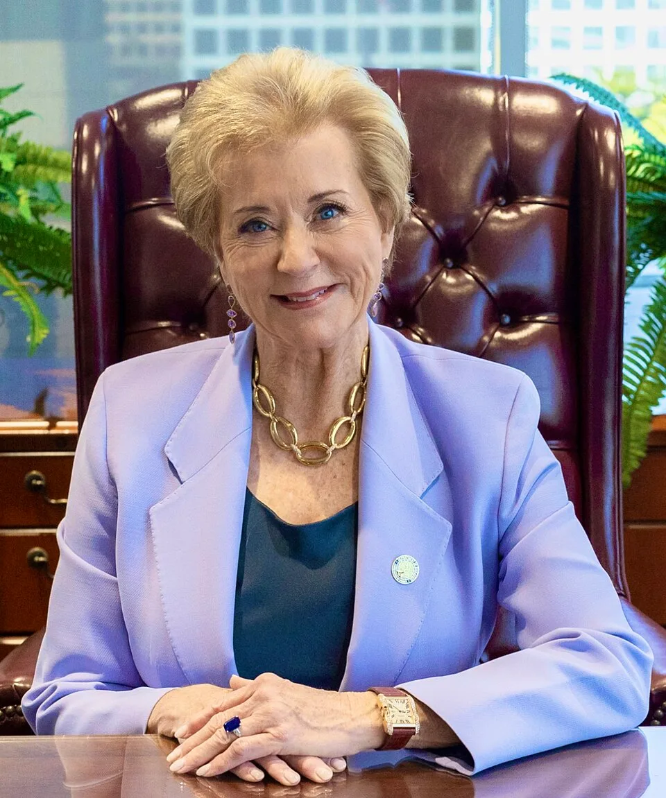 Education Secretary Linda McMahon at a desk on her first day in office