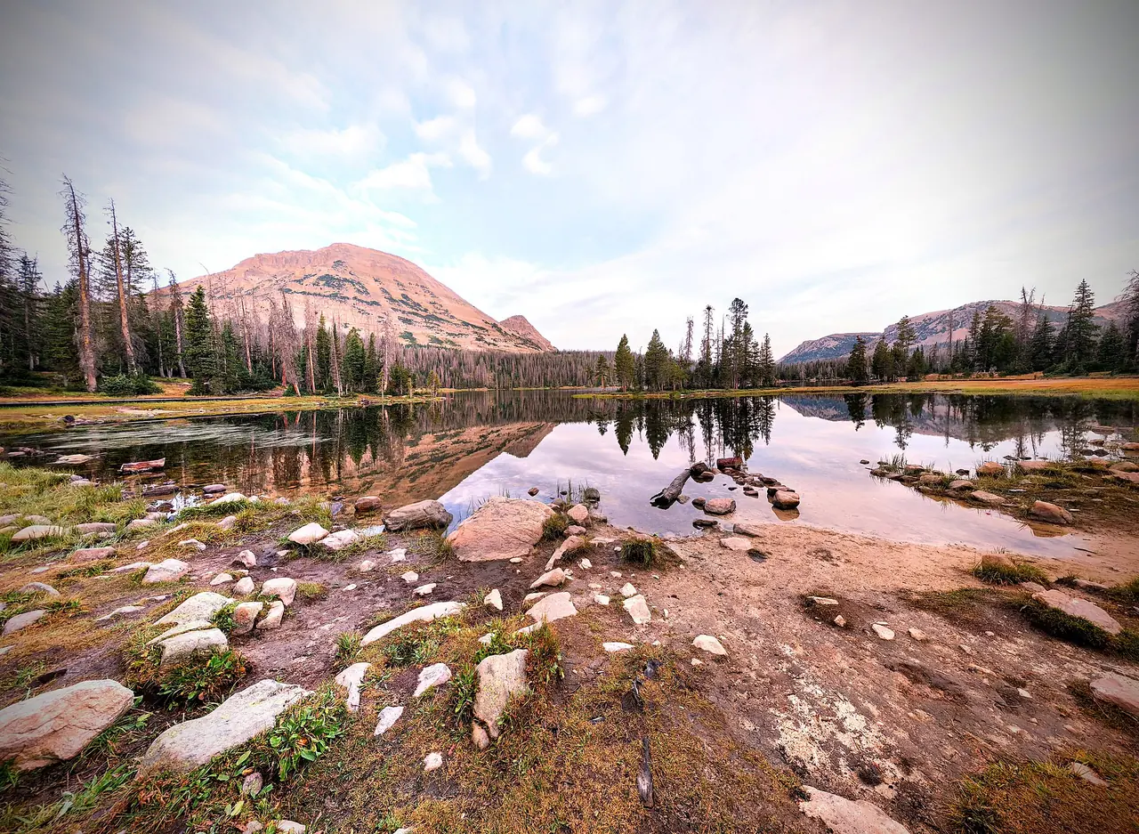 Mirror Lake reflecting evergreen forest and Bald Mountain in the High Uintas