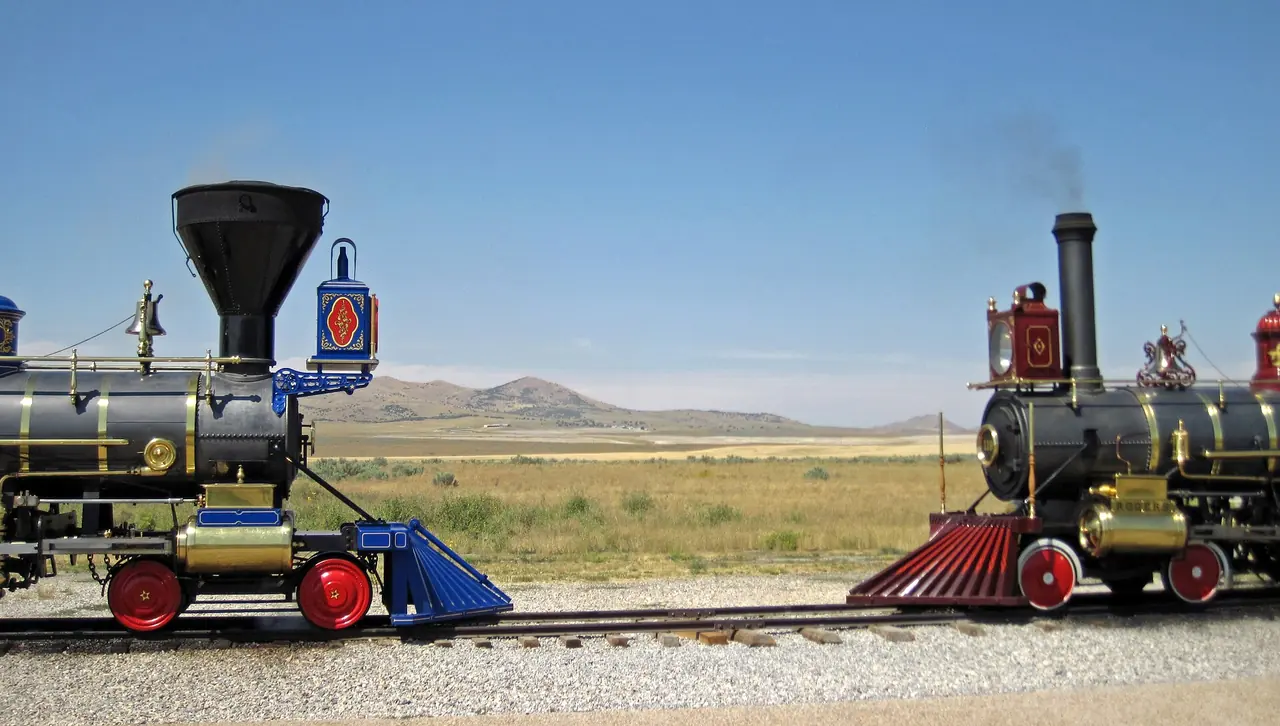 Replica steam locomotives Jupiter and No. 119 meeting nose to nose at Golden Spike, Promontory Summit