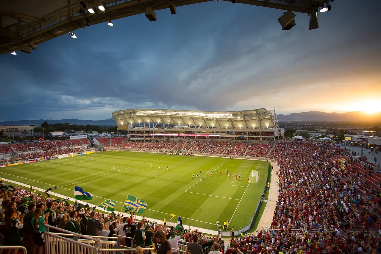 Sunset over Sandy's soccer stadium, then called Rio Tinto Stadium and now America First Field, in August 2013