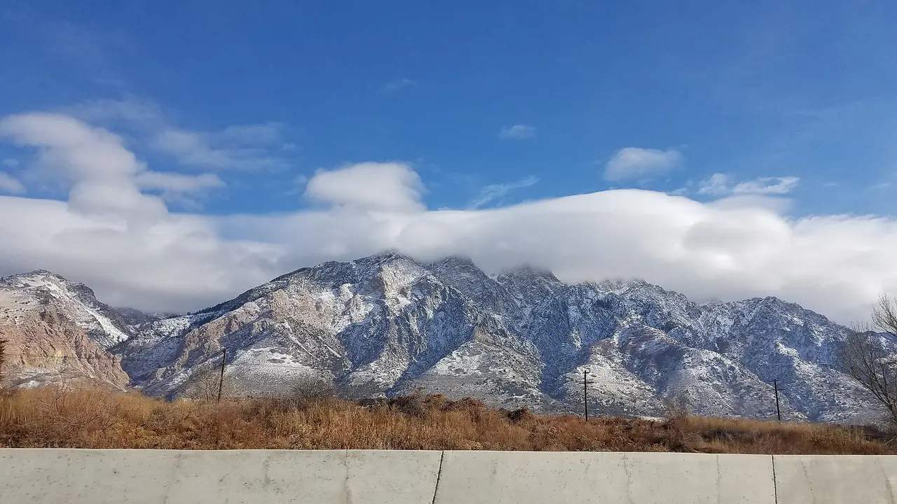 Willard Peak and the northern Wasatch Mountains towering over I-15 near Willard