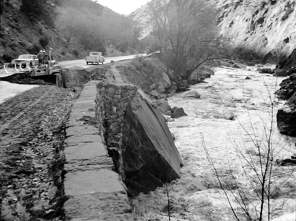 A washed-out road near the Court of the Patriarchs in Zion National Park after a 1966 flood